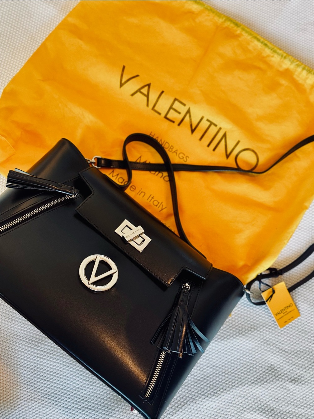 VALENTINO Camilla Black Leather Shoulder Bag w Silver Hardware Handbag Purse